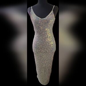 Elegant Sequin Evening Dress With Adjustable Straps, Open Back, & Slit